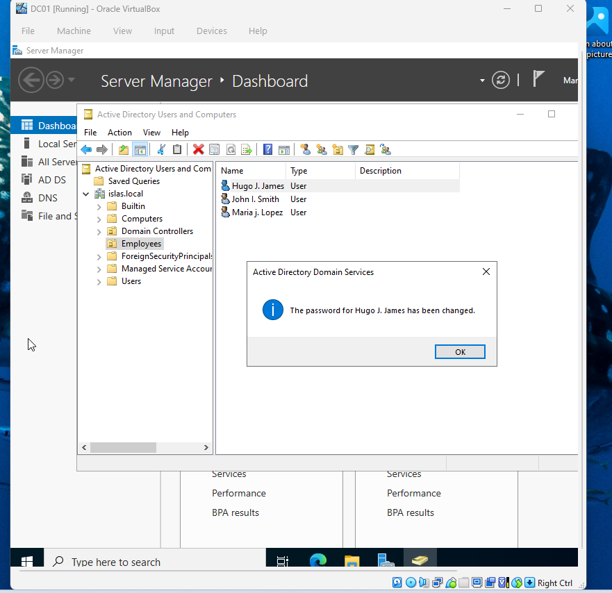 Confirmation dialog showing a successful domain password reset
